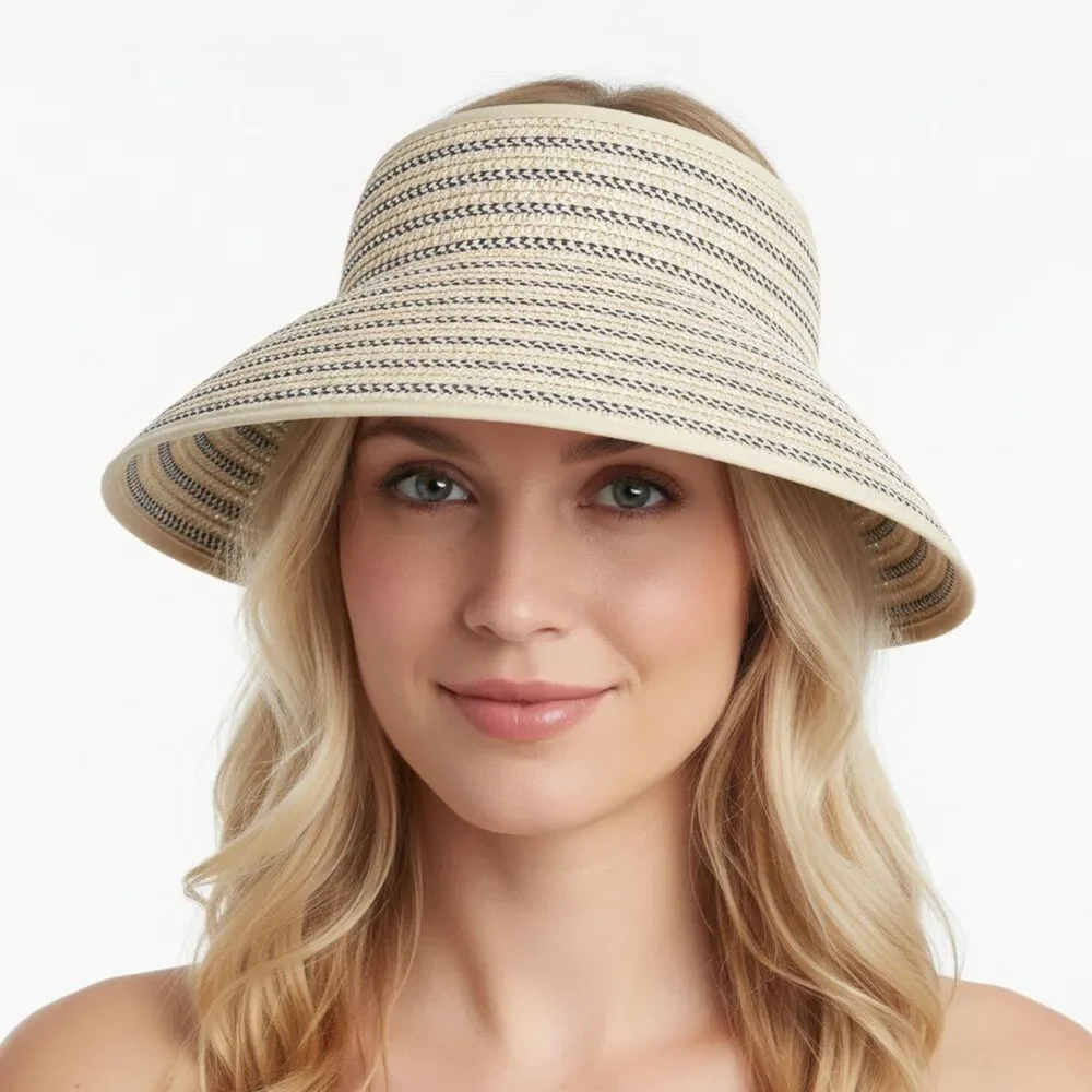 Magid Hats Tan & Blue Woven Rolled Visor Travel Hat NEW